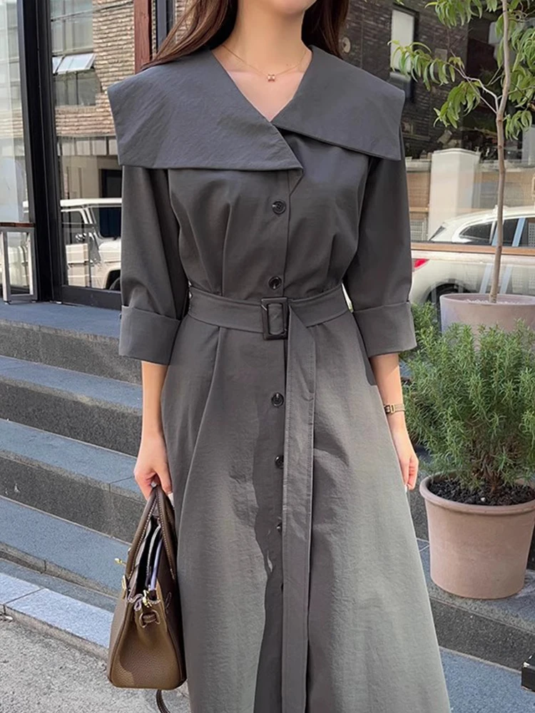 Clothland Women Stylish Trench Dress Belt Single Breasted Three Quarter Sleeve One Piece Female Chic Midi Dresses Vestido QD814