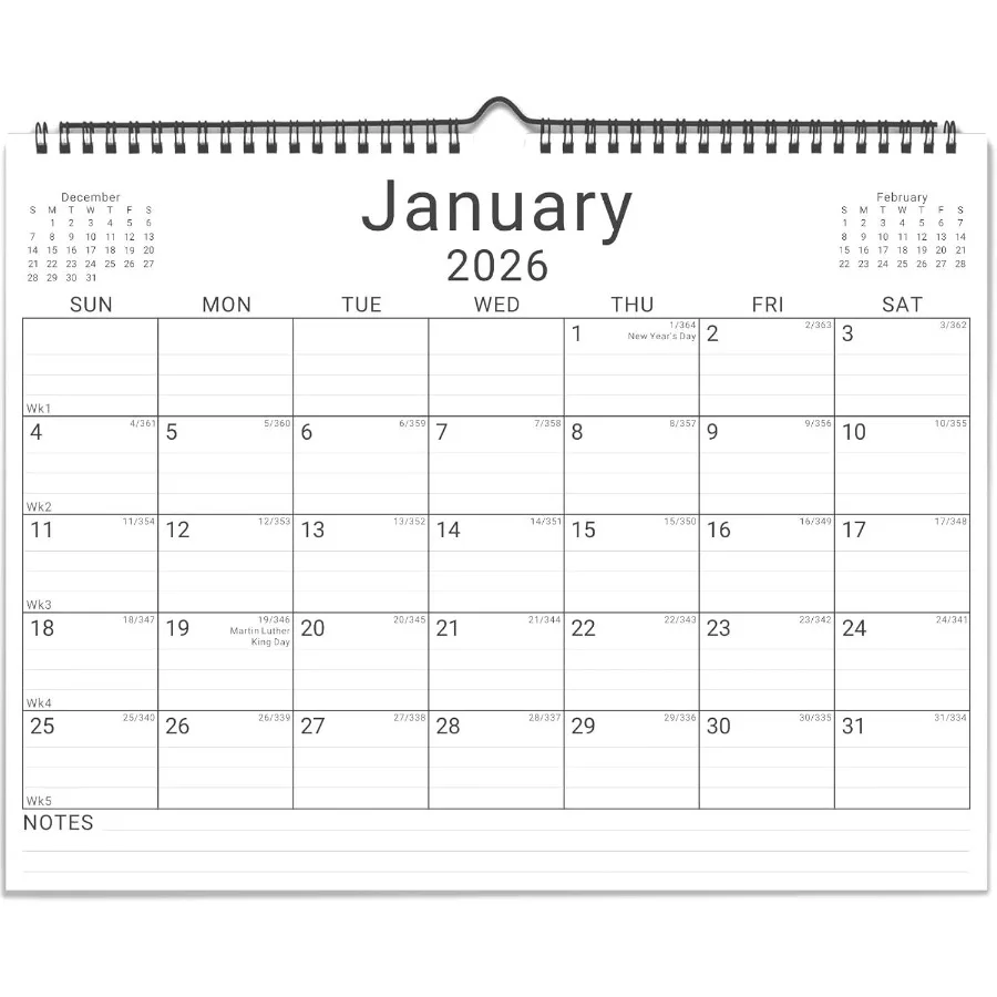 2026 calendário de parede 12 meses 11 "x 8,5 '' ano organizador mensal de janeiro 2026-2027 pequeno mini horizontal em branco espiral encadernado w