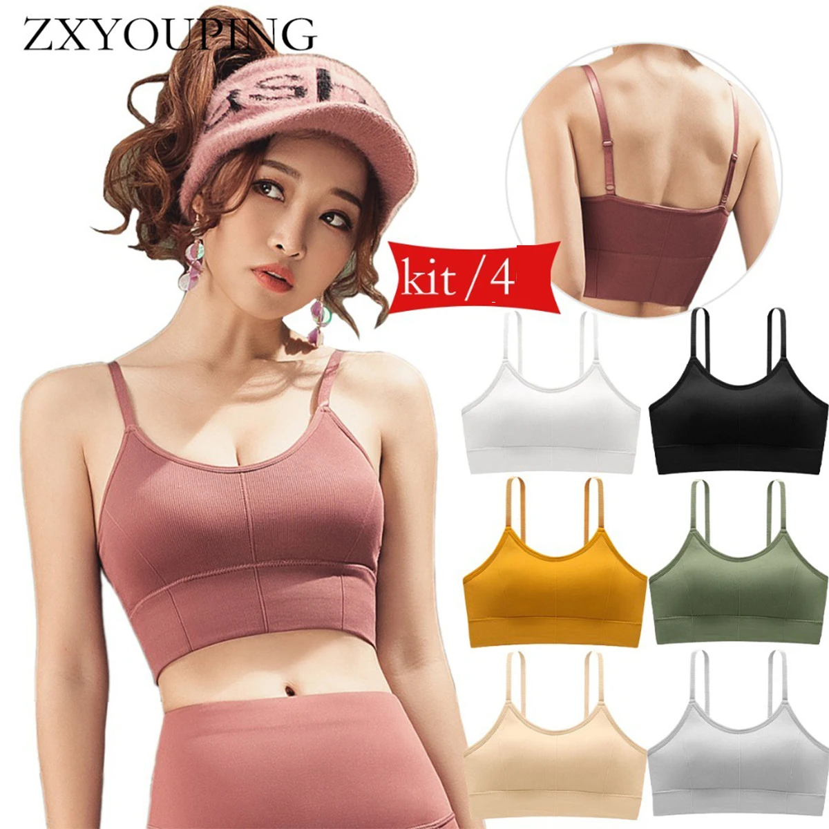 

ZXYOUPING Kit 4 Sexy Lingerie Seamless Bra,Comfortable Rimless Bra Sport Bra U Type Backless Crop Fitness Top Bra Push Up Bralet