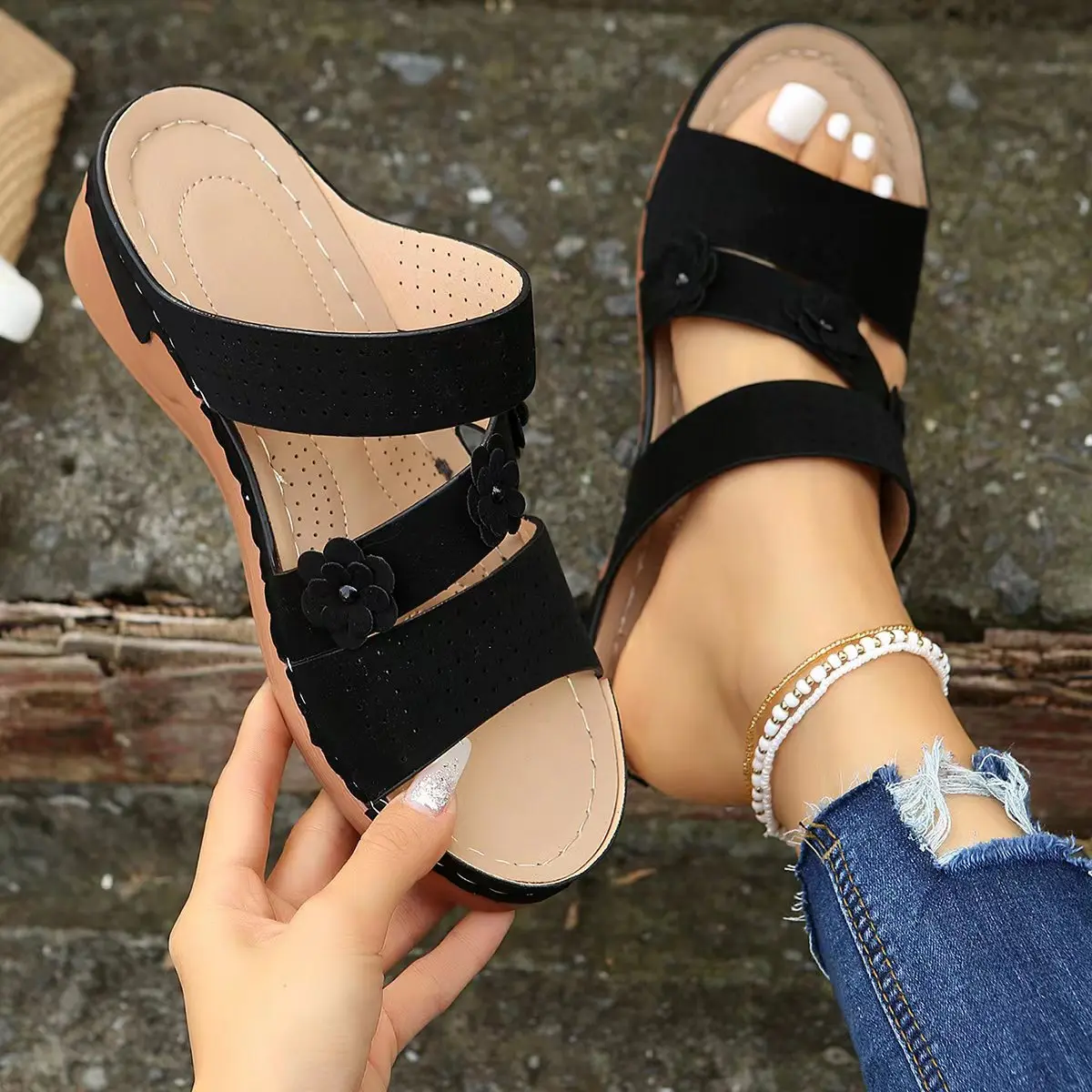 Zomer Dames Sleehak Sandalen Premium Orthopedische Open Teen Slippers Vintage Antislip Lederen Casual Vrouwelijke Platform Retro Schoenen