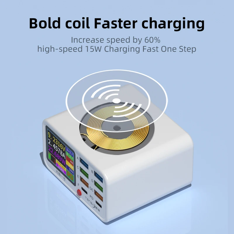 ShanBa No.1 USB Charging Station 8 Ports PD QC3.0 Fast Charger 15W Wireless Charging LCD Display Detector Charger