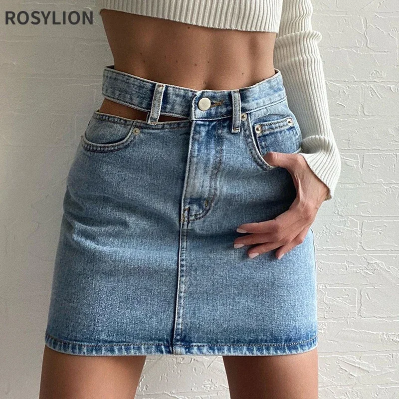 

Girls Unilateral Hollow Out Denim Skirt Ladies High Waist Slim Casual Cotton Hip Skirt Short Mini Skirt Women Fashion Streetwear