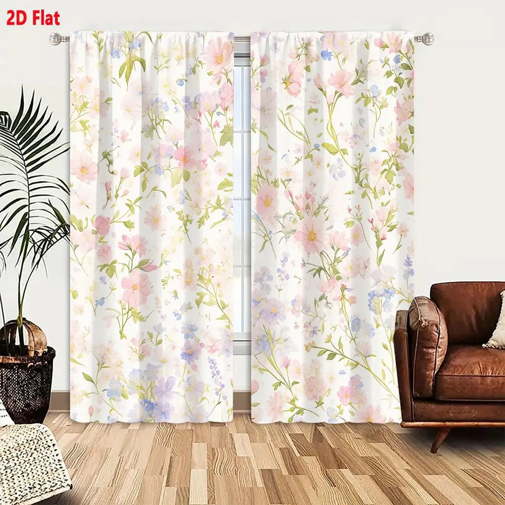 2Pcs Curtains 2D Flat Delicate Watercolor Floral Pattern With Pastel Pink Blue Lavender And Pale Yellow Flowers On Soft Off-whit