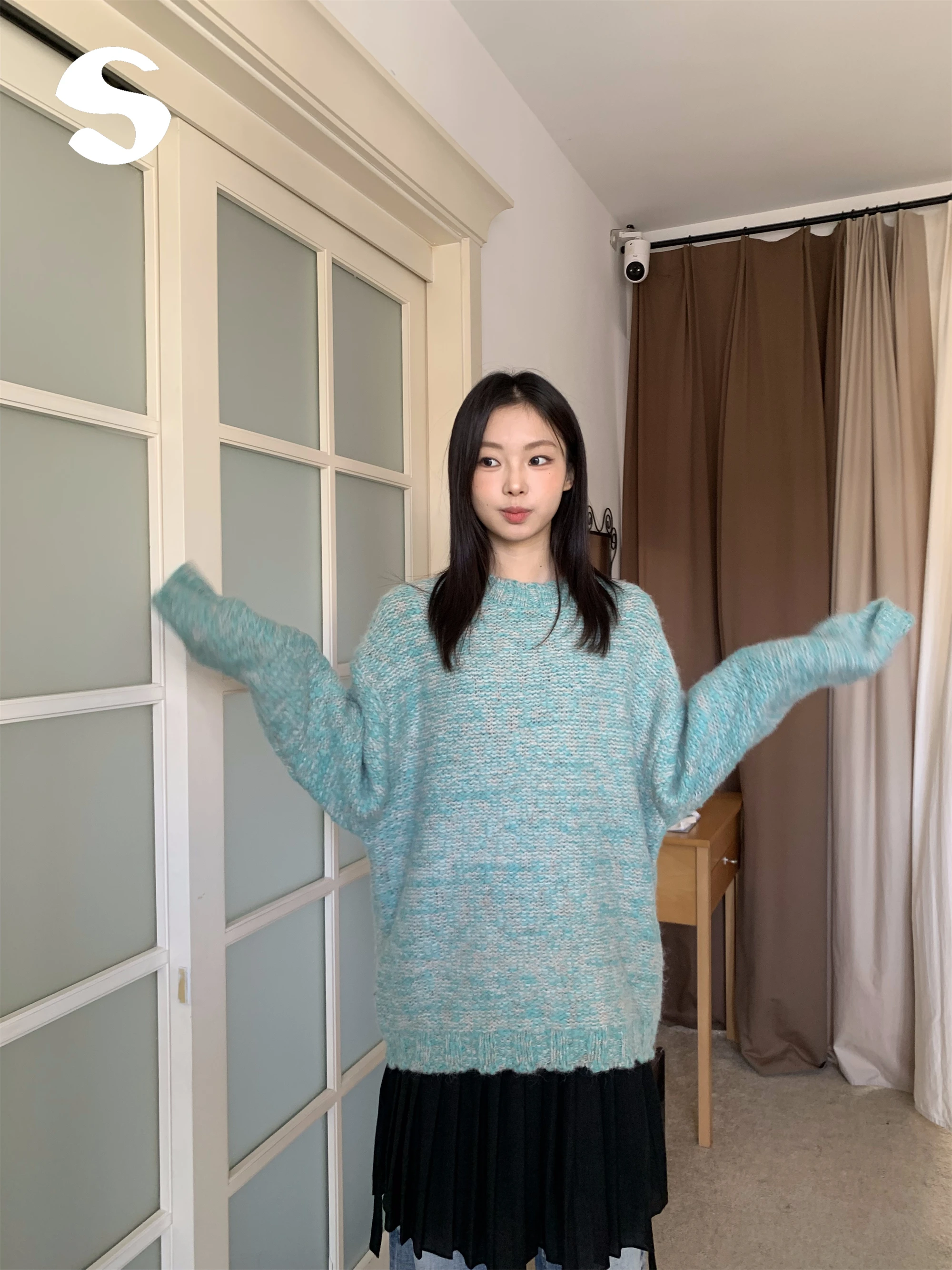 

Sp at Alpaca Wool Blend Color Blo Vintage Winter round Ne Knitwear Sweater Comfortable Versatile Lazy Sle for Women