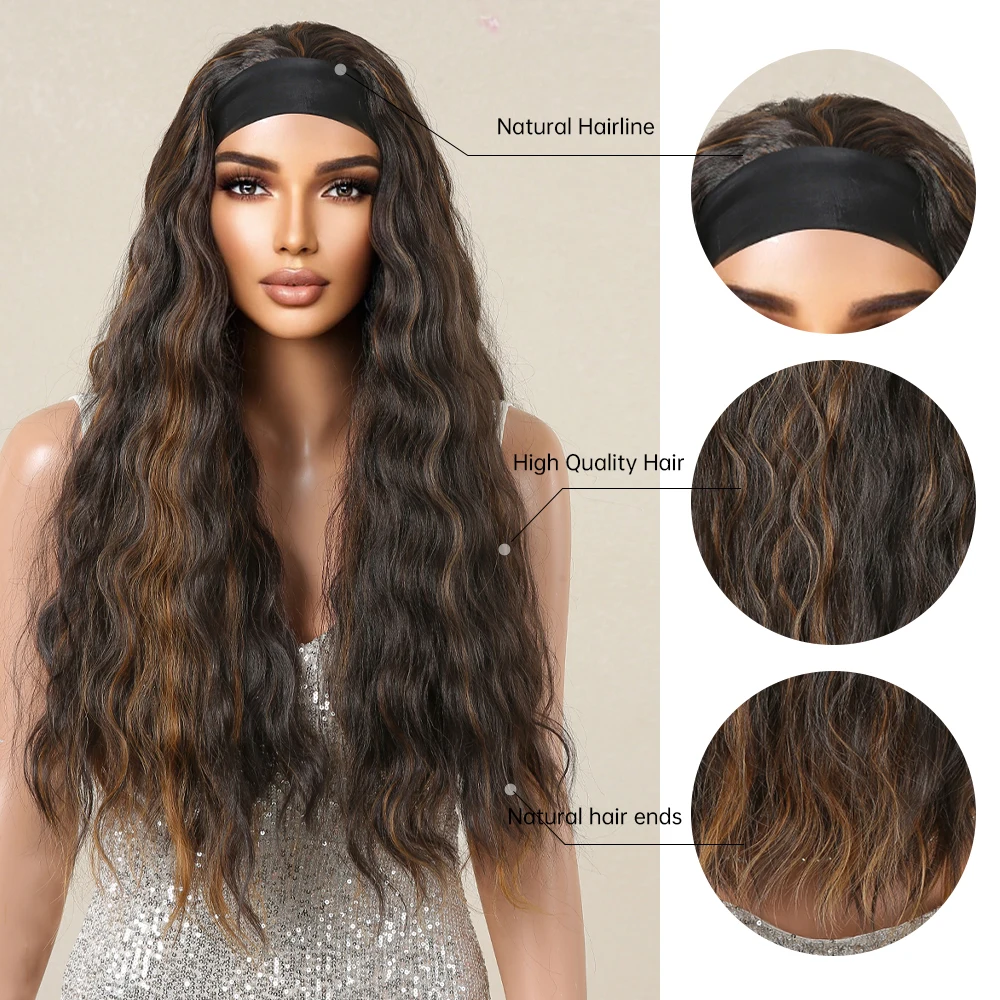 Long Curly Headband Synthetic Wig Mixed Brown Wavy Hair Wigs for Daily Party Use Fake Hair for Black Women Heat Resistant Wigs