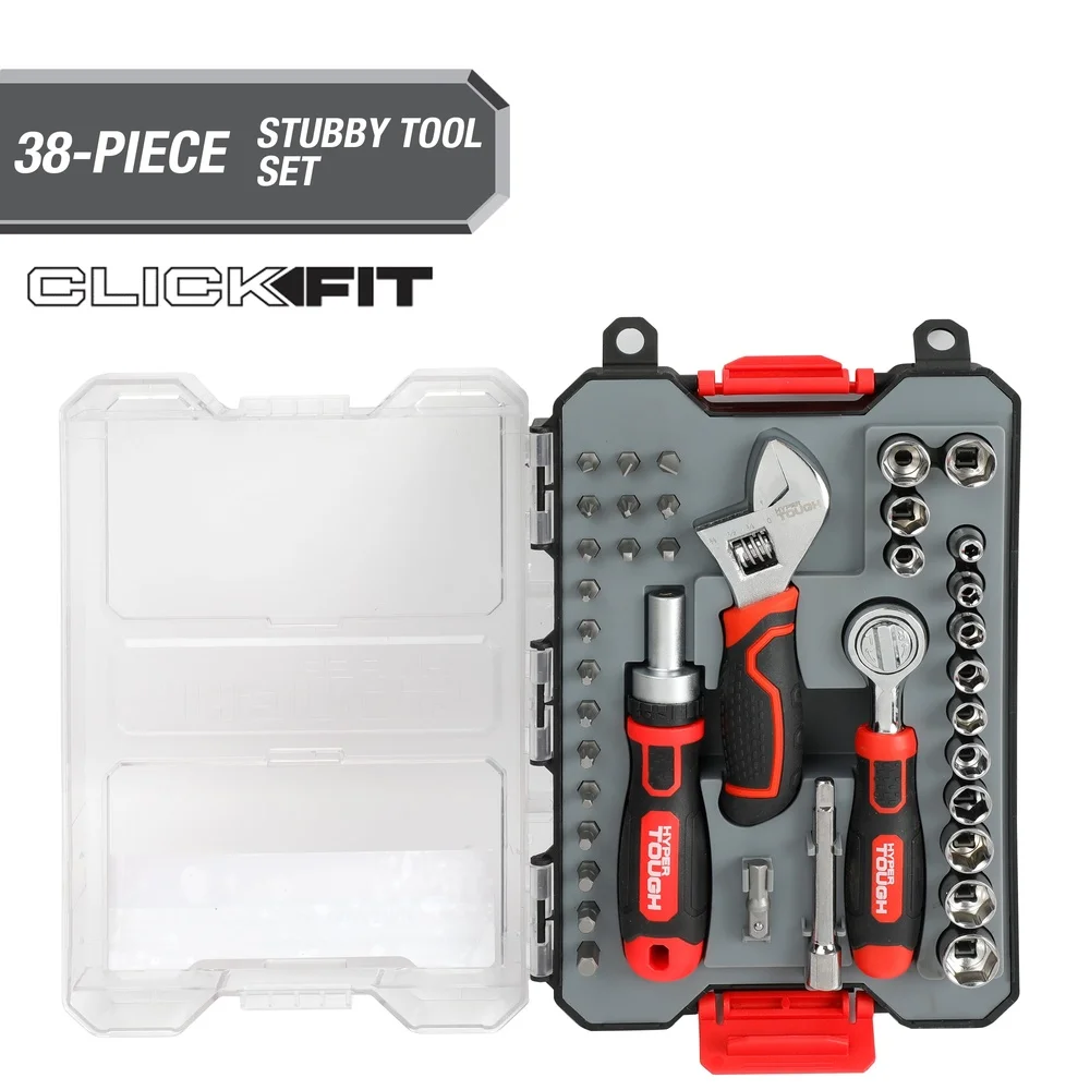 38-Piece Stubby Tool Set Click Fit Case Adjustable Wrench Ratcheting Screwdriver Bits Sockets Home Repair Automotive Maintenance