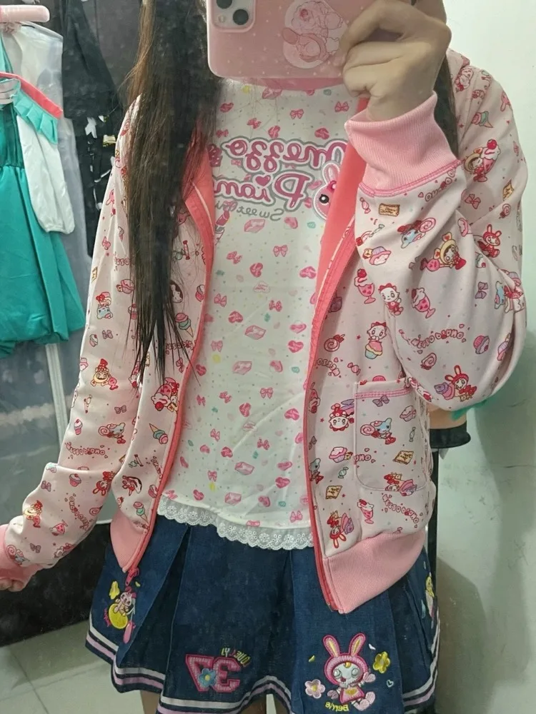 Felpe con cappuccio con stampa di coniglio simpatico cartone animato giapponese Kawaii da donna Felpe con cappuccio Casual Grunge Lolita Giacca con cappuccio rosa preppy causale