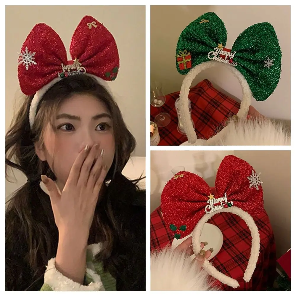 

Elegant Plush Bowknot Hair Hoop Non-slip Shiny Christmas Hairband Snowflower Korean Style Christmas Headband Ladies