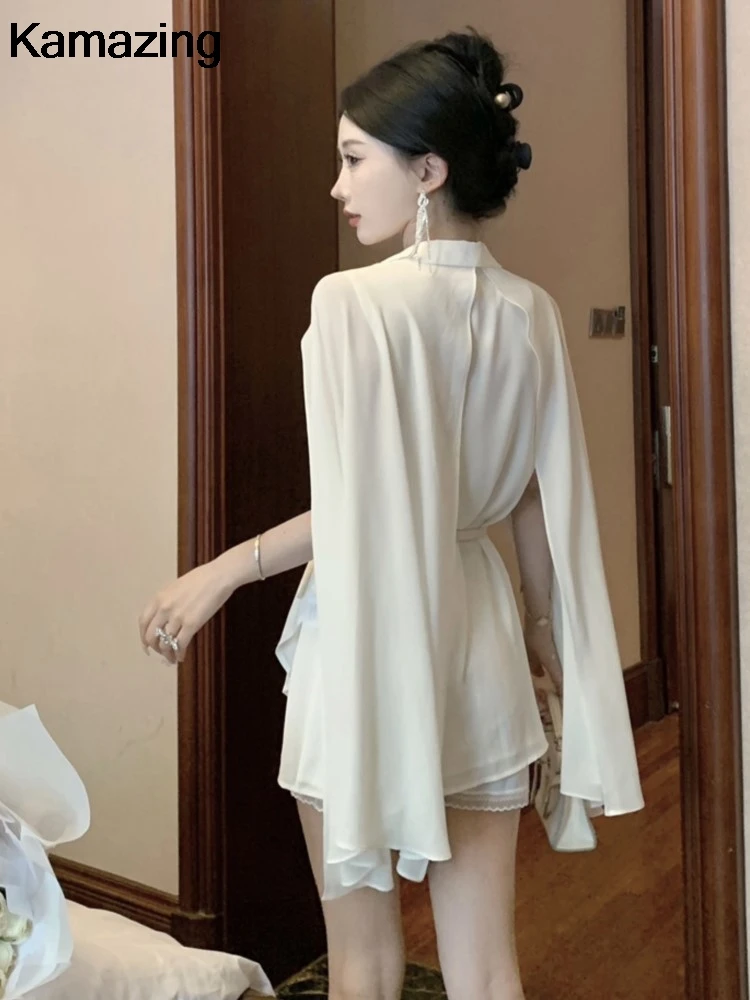 Elegant White Shirt Dress With Belt Office Lady Casual Single Breasted Chiffon Pleated Dresses Women Solid Korean Clothes Summer