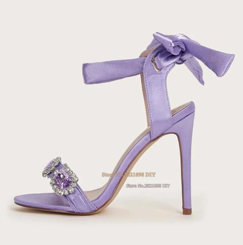 Purple Gemstone Decor High Heeled Sandals Satin Bowtie Straps Satin Thin Heeled Sandals Women High Heel Summer Shoes