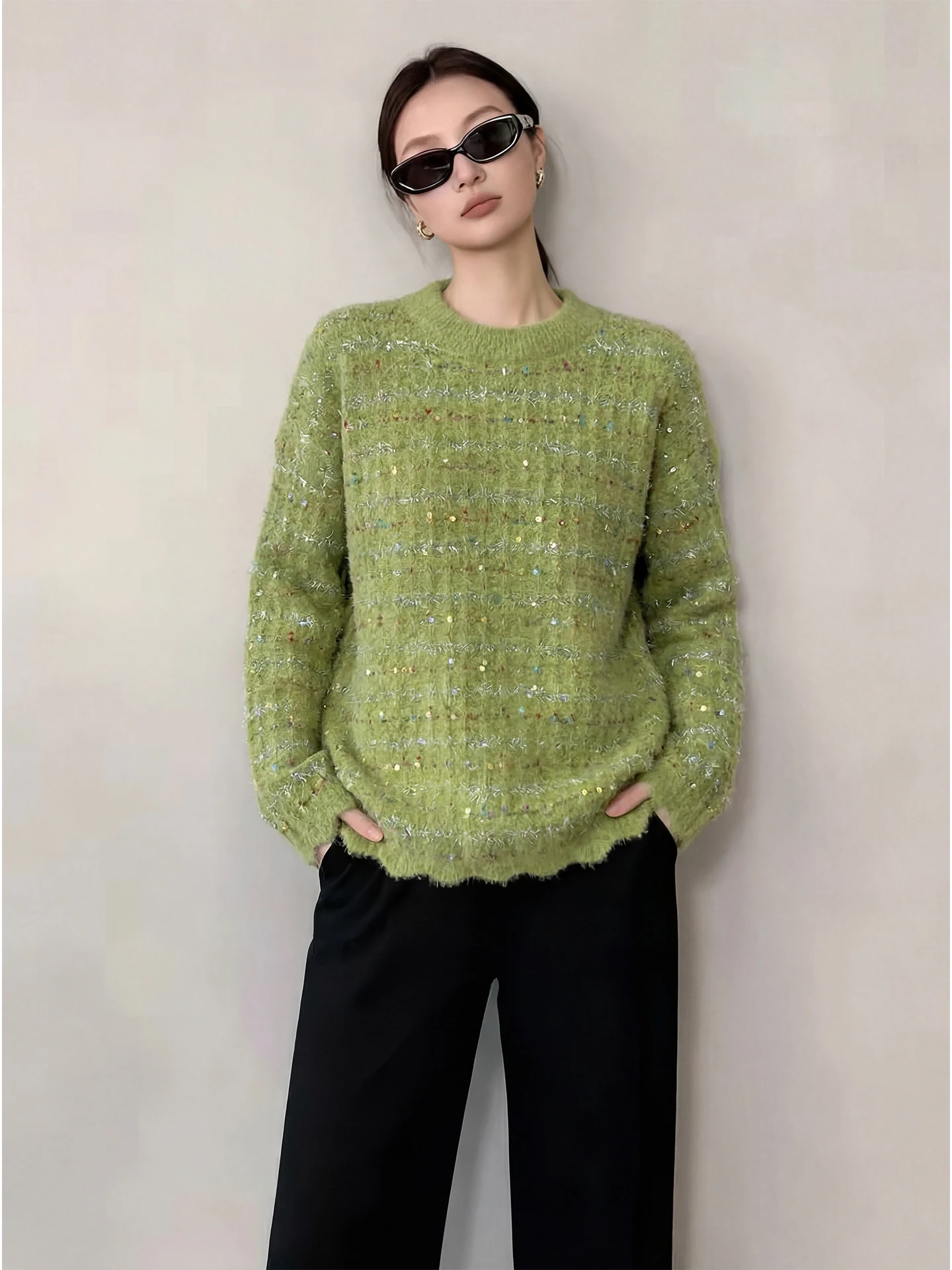 

Вязаный свитер Avocado een, весна 2026, женский, свободный крой, с длинными рукавами, с вышивкой букв, в стиле кэжуал, топ