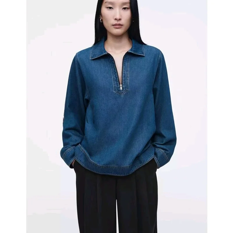 Printemps nouveau femmes col montant fermeture éclair f Plaet Denim irt trajet Sle ample longue Sve chaud couleur Pure