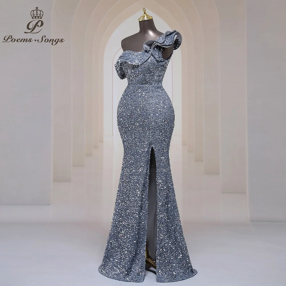 Plus Size Sexy one shoulder Long Formal Evening Dresses Mermaid Sequins Women Party Dresses Gown Maxi dress robe de soirée