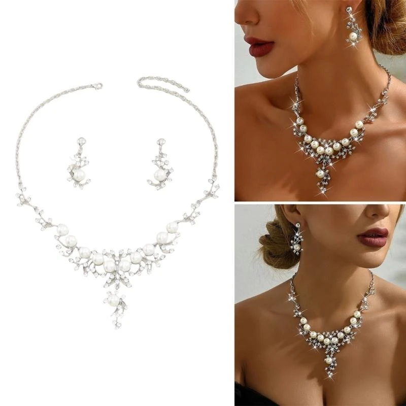 

Rhinestones Bridal Accessory Set Drop Earrings Rhinestones Jewelry Set Pendant Necklace Suitable for Weddings Formal Event Y08E