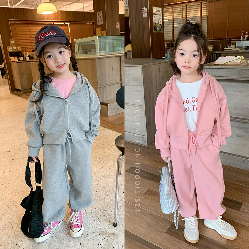 Baby Girl Clothes Suit Girls Casual Korean Double Zipper Hoodie Drawstring Ankle Sweatpants Fashion Casual Two-piece Set