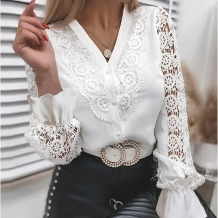 2023 New Solid Color Lace V-Neck Cardigan Women's Shirt Fast Selling Amazon Best Seller Women's Clothing Top Layered Garment