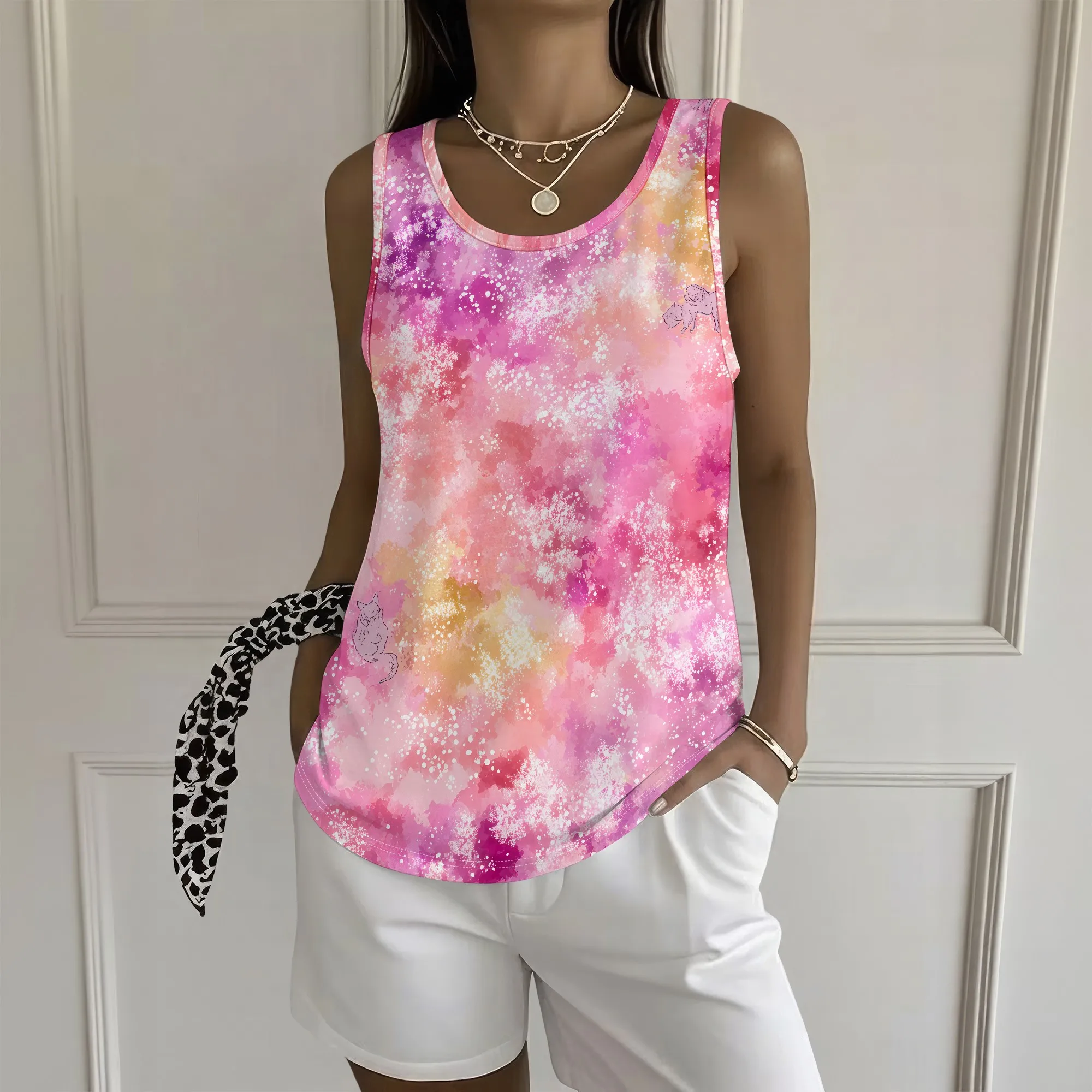 Pink Watercolor Tank Top, Galaxy Print Sleeveless Shirt, Abstract Art Blouse, Summer Beach Wear, Casual Vacation Tee, S-2XL