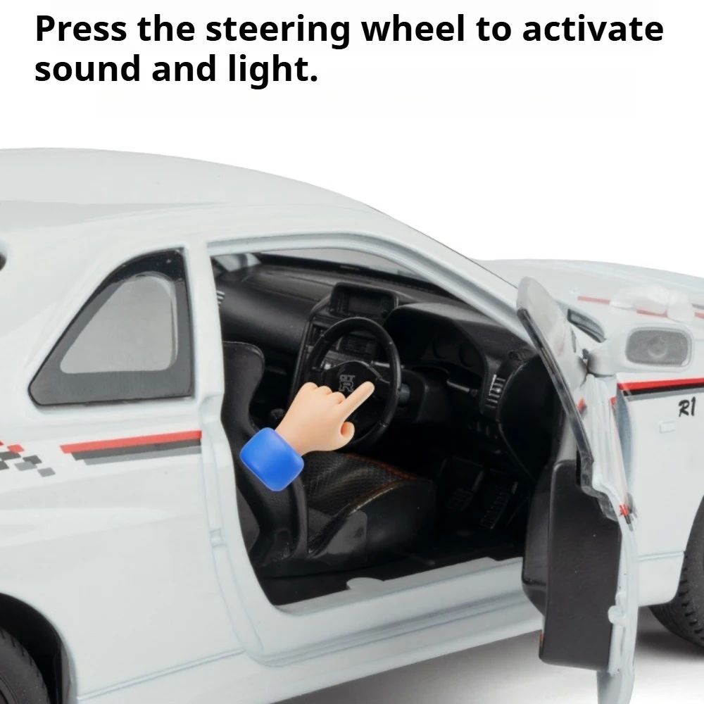 1:24 GTR SKYLINE modelo de supercoche de juguete aleación Diecast coches deportivos populares sonido luz puertas abiertas tirar hacia atrás niños regalos de navidad