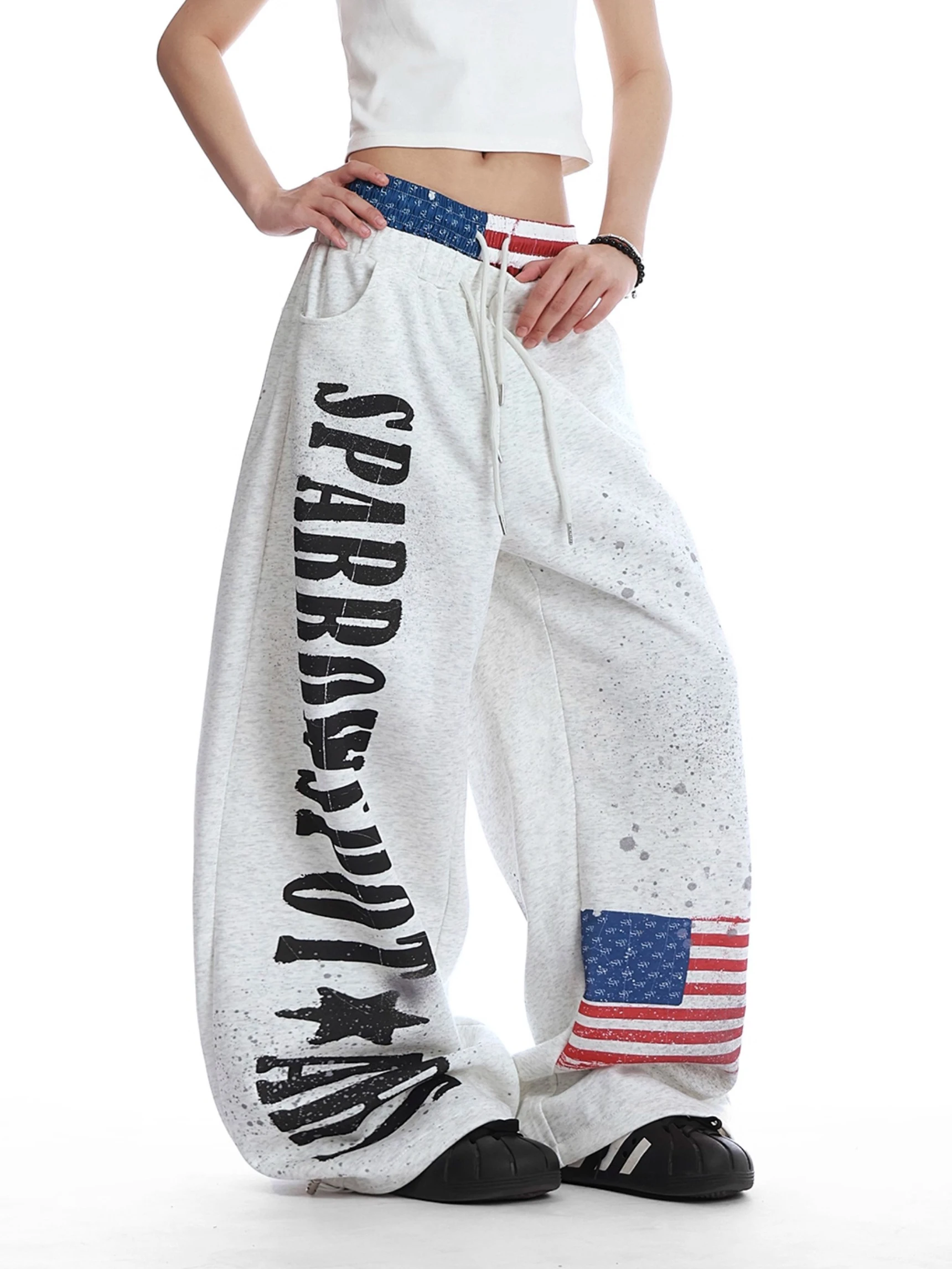 

Retro American Splatter Flag Print Sweatpants Men's Women's Cleanfit Double Waist Wide Leg Couple Casual Pants