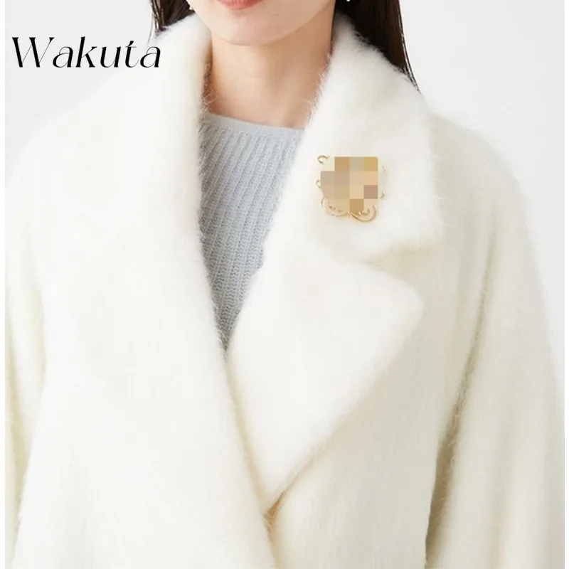 WAKUTA Japanese Retro Lapel Long-sleeved Plush Midi Jacket Simple Temperament Brooch Versatile Coats Куртка Женская С Капюшоном