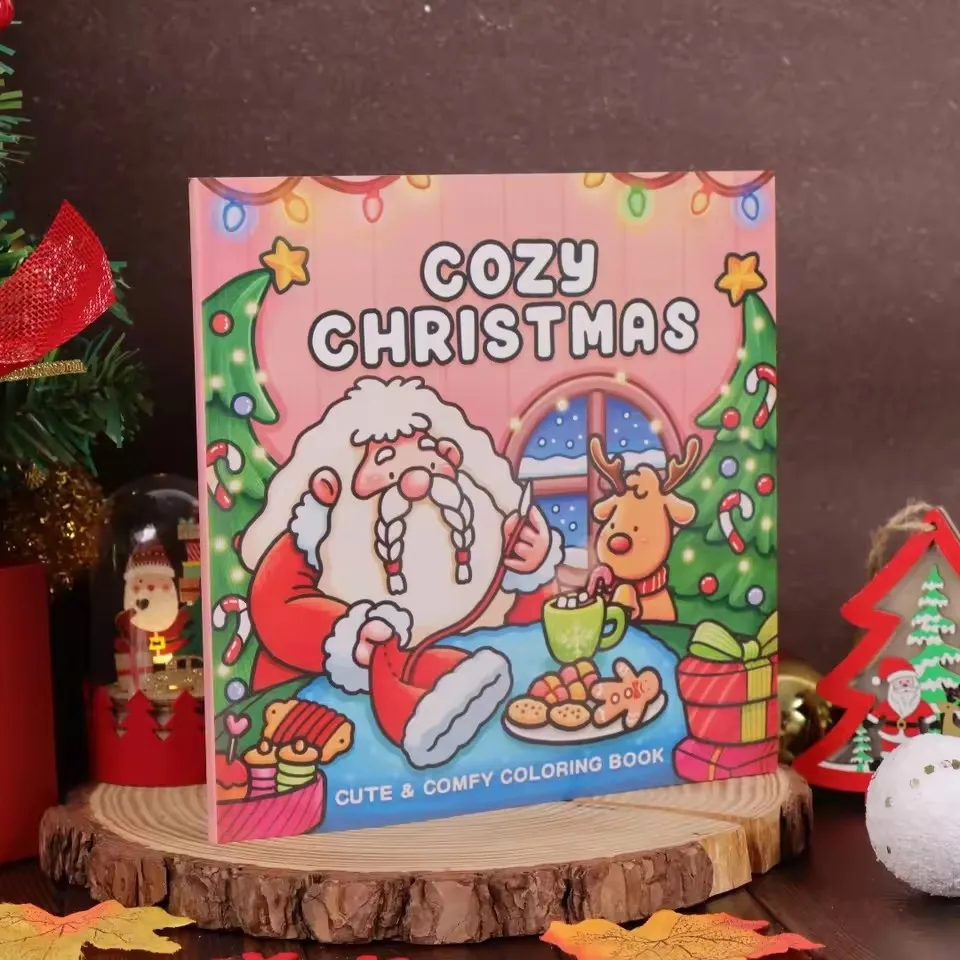 Cozy Christmas Coloring Book Cartoon Stress Relief Paperback Painting Gift Educational Montessori Drawing Toy