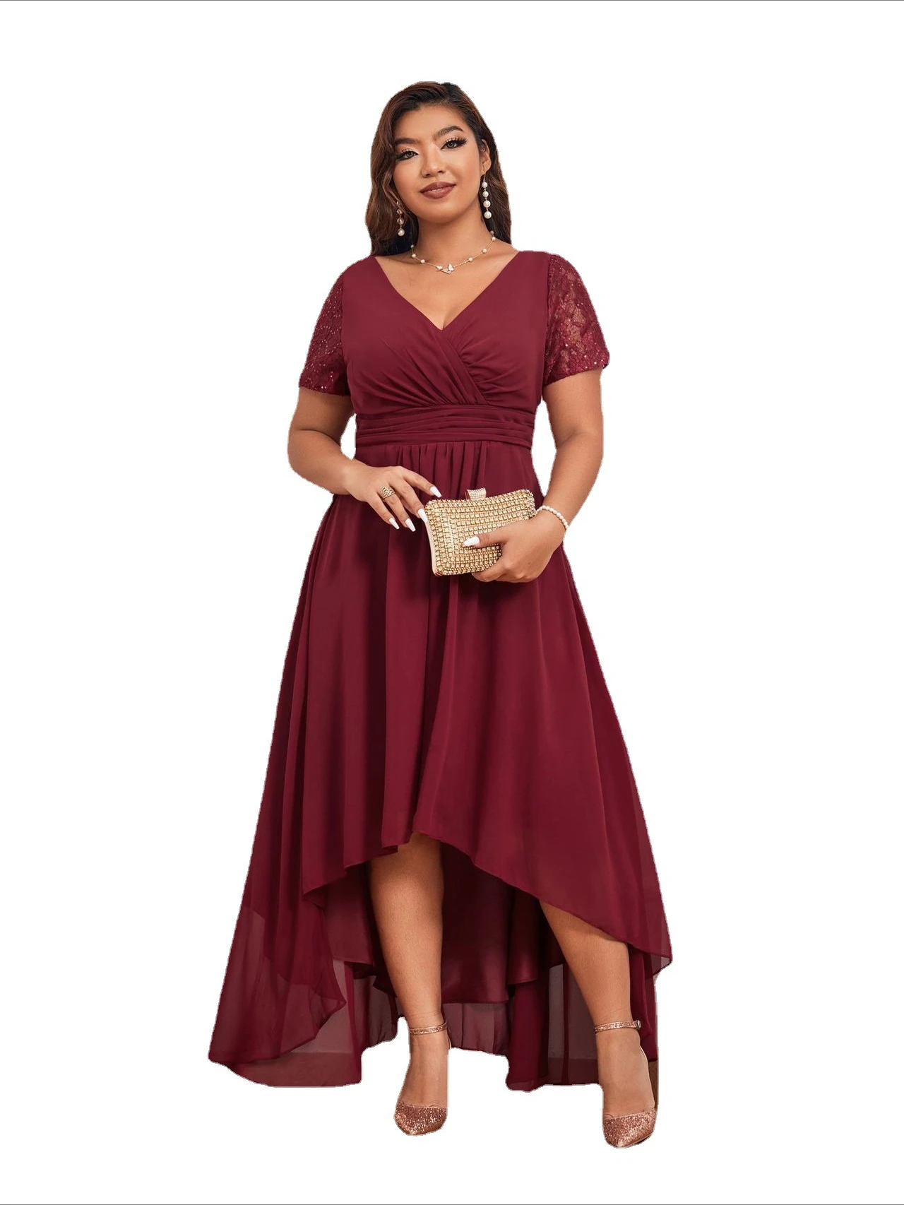 

Elegant V-neck Short Sleeves Lace Embroidery Chiffon High Low Evening Dress Bungundy