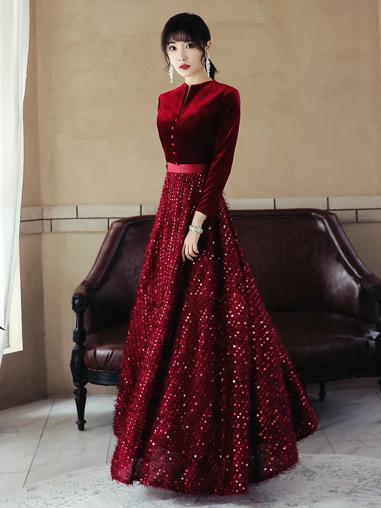 

Red Long Sve Stand Collar Wedding Dr Long Evening Gown for Bride New 2025 Sle Korean Version A-Line Skirt