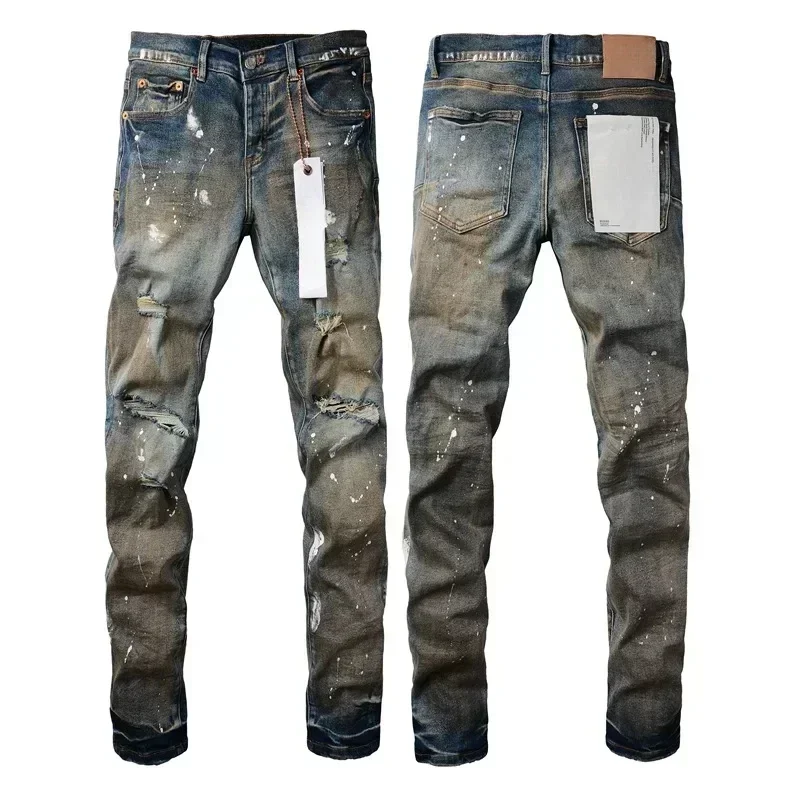 

New Fashion Purples Man jeans with distressed paint and distressed holes Fashion brand Repair Low Rise Skinny Denim pants