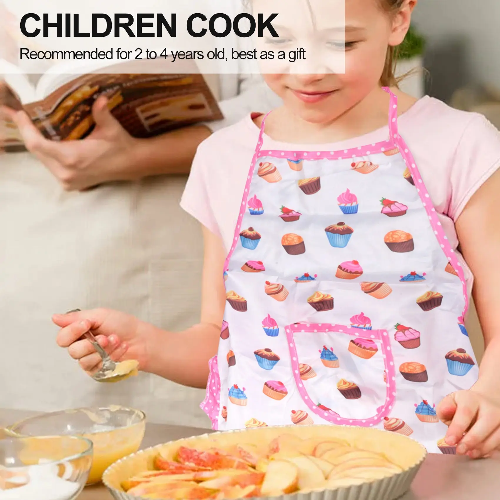 B60A4Pcs Kids Cooking and Baking Set Includes Apron for Little Girls, Chef Hat, for Toddler Dress Up