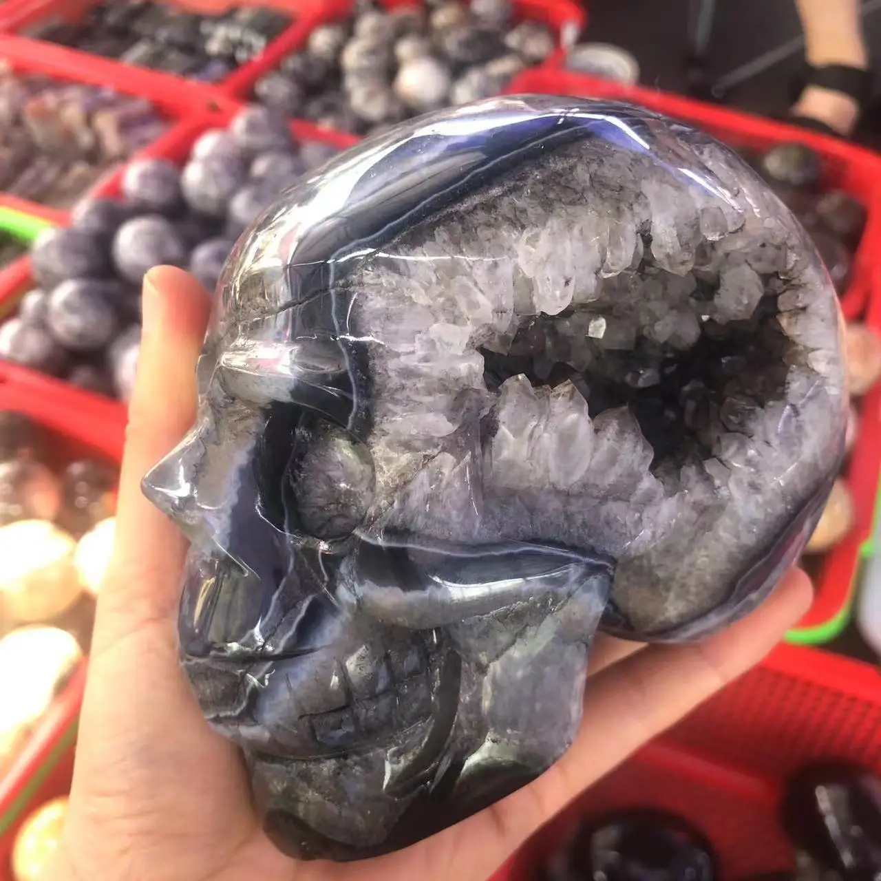 Skull Stone Natural Black Agate Geode Crystal Cranium Mineral Fengshui Reiki Meditation Energy Home Decor For Room