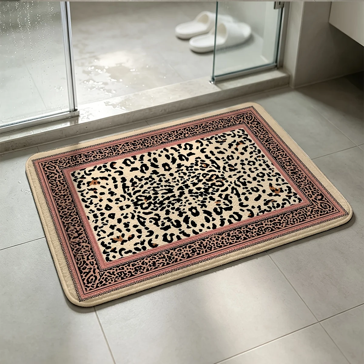 VIKAMA Retro Leopard Print Area Rug Ornate Multi Border Frame Non‑Slip Soft Floor Mat for Living Room Bedroom Home Decor
