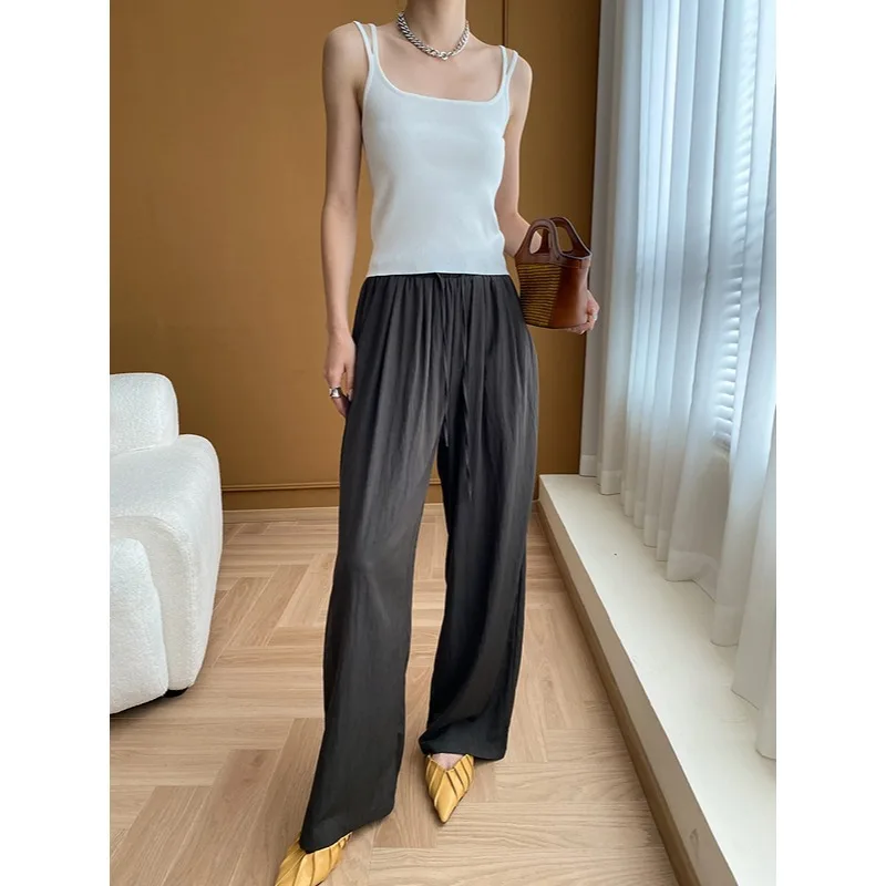 Women Pants Leisure Drawstring Elastic High Waisted Slightly Mopped Wide Leg Pants