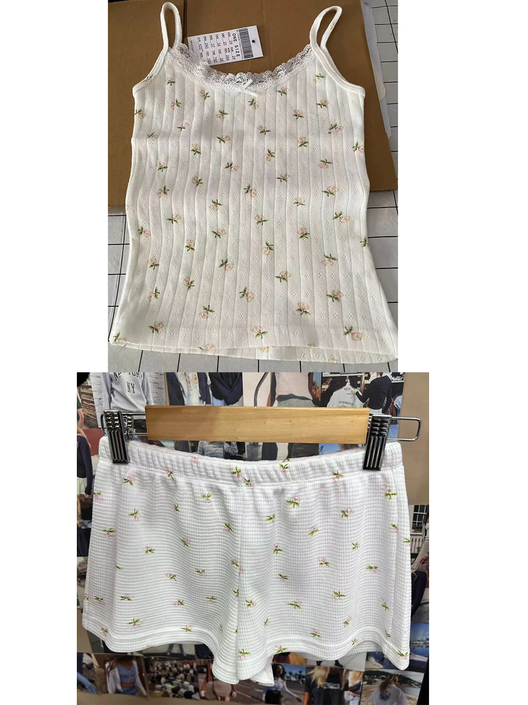 Floral Sweet Camis Shorts 2 Pieces Sets Women Summer Cute Crop Top Waffle Shorts Two Piece Set Girls Y2K Soft Home Pajama 2025
