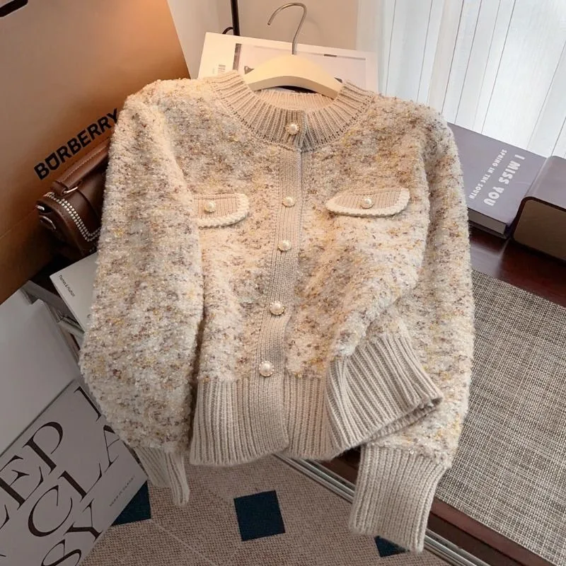 

French Style Chic Button Women's Elegant Knitted Cardigan Autumn Winter New Fashion Patchwork O-neck Slim Sweaters