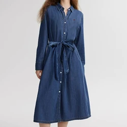 2025 Women's Dress Fashion Embroidery Polo Neck Shirt Dress Elegant Denim Dresses Long Sleeve Pocket Office Ladies Long Dress