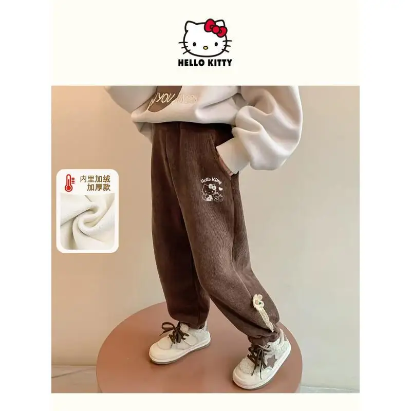 

Брюки Sanrio Hello Kitty на флисовой подкладке для девочек-подростков, зимняя повседневная коллекция, с цветочным узором, укороченные, новый стиль 2025 года, оптом