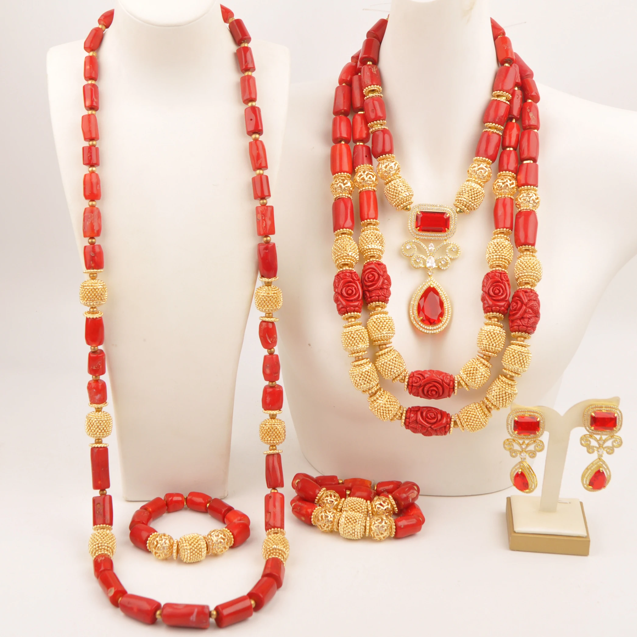 African Wedding Beads Nigerian Couple Necklace Bracelet Earrings Sets