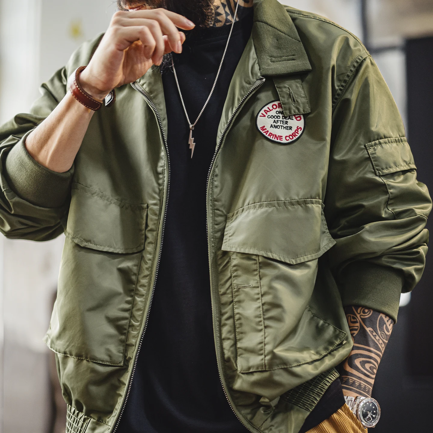 Maden Vintage Military Style G8WEP Jacket Men's Short Length Stand Collar Tactical Coat Green Lightweight Zip-Up Field Jacket