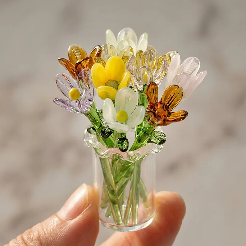Handmade Glass Flower Bouquet - Mini Everlasting Flower for Desk Decor, Fresh Home Ornament, Gift for Her