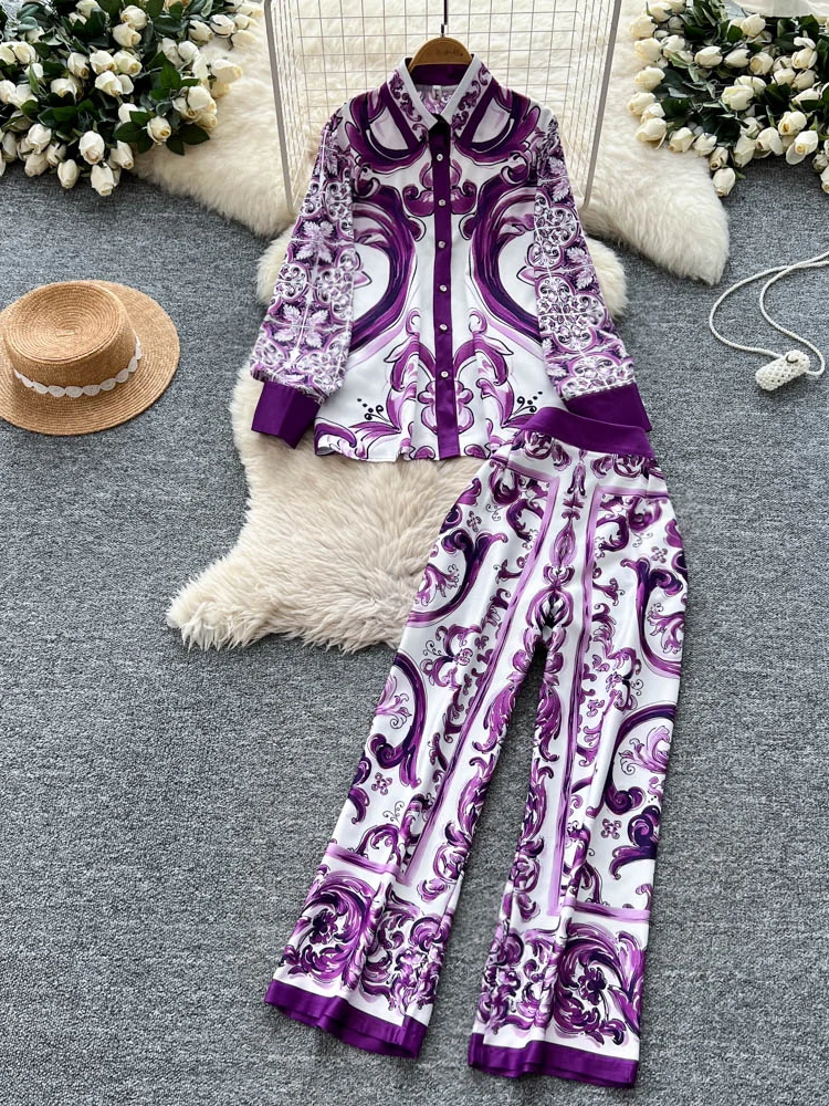Moda solta manga longa cintura alta calças de perna reta csa fena vintage casual conjunto e impro conjunto