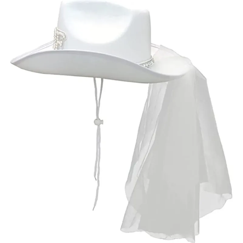 Bride White Cowboy Veil Hat Pearl Rhinestone Wedding Cowgirl Hat Bach Bachelorette Hen Party Bridal Shower Decoration Gift