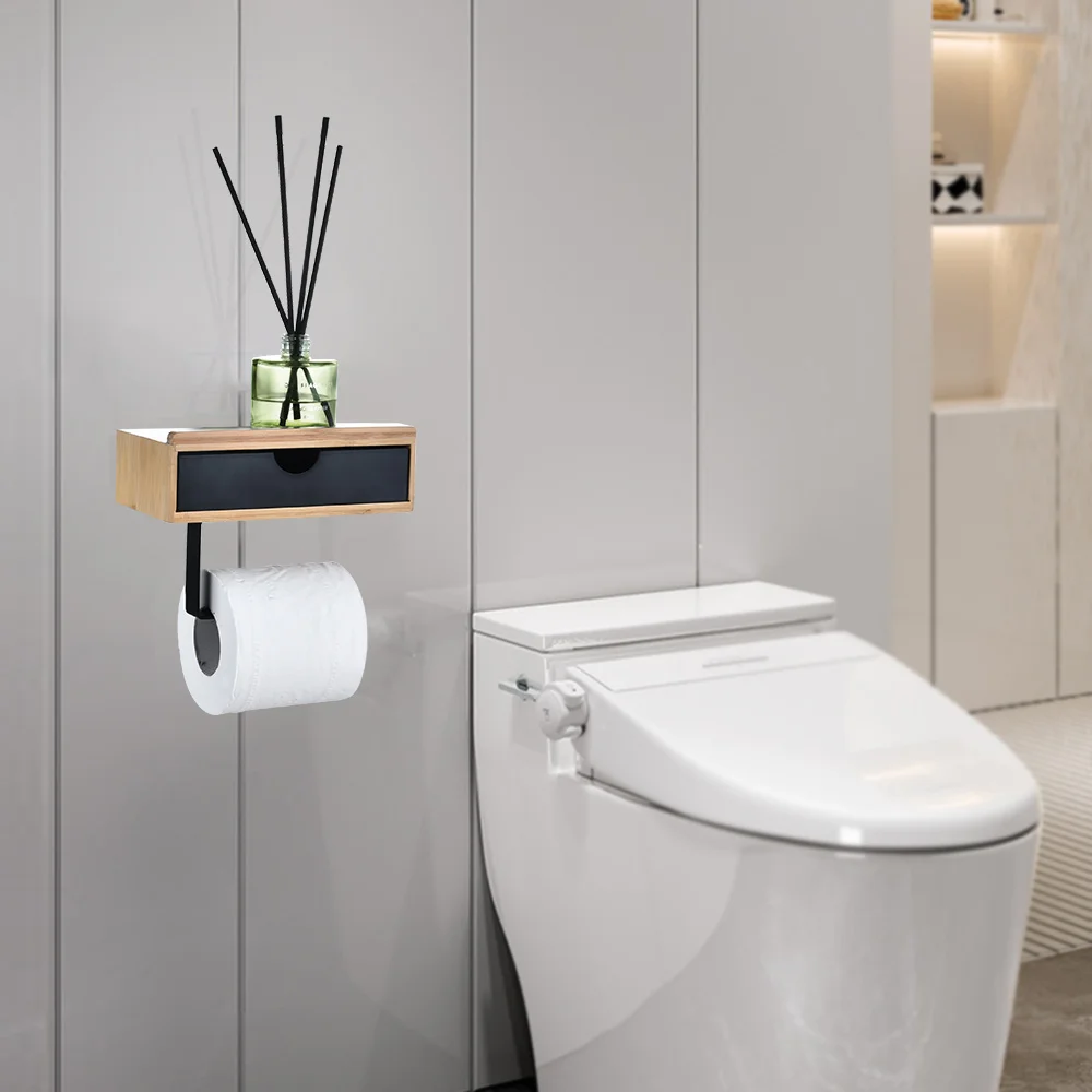 Top Selling Bathroom Toilet Paper Roll Wall Mount Bamboo Toilet Paper Holder With Phone Shelf