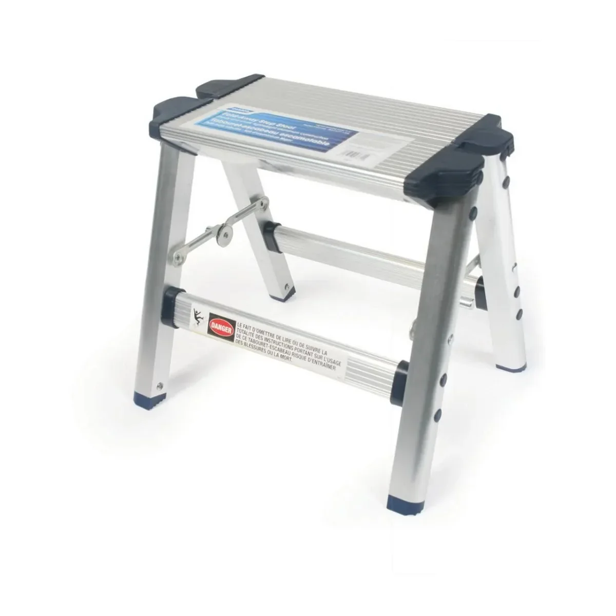 

Silver aluminum step stool, 200 lbs weight capacity, made of lightweight aluminum for easy transport and handling