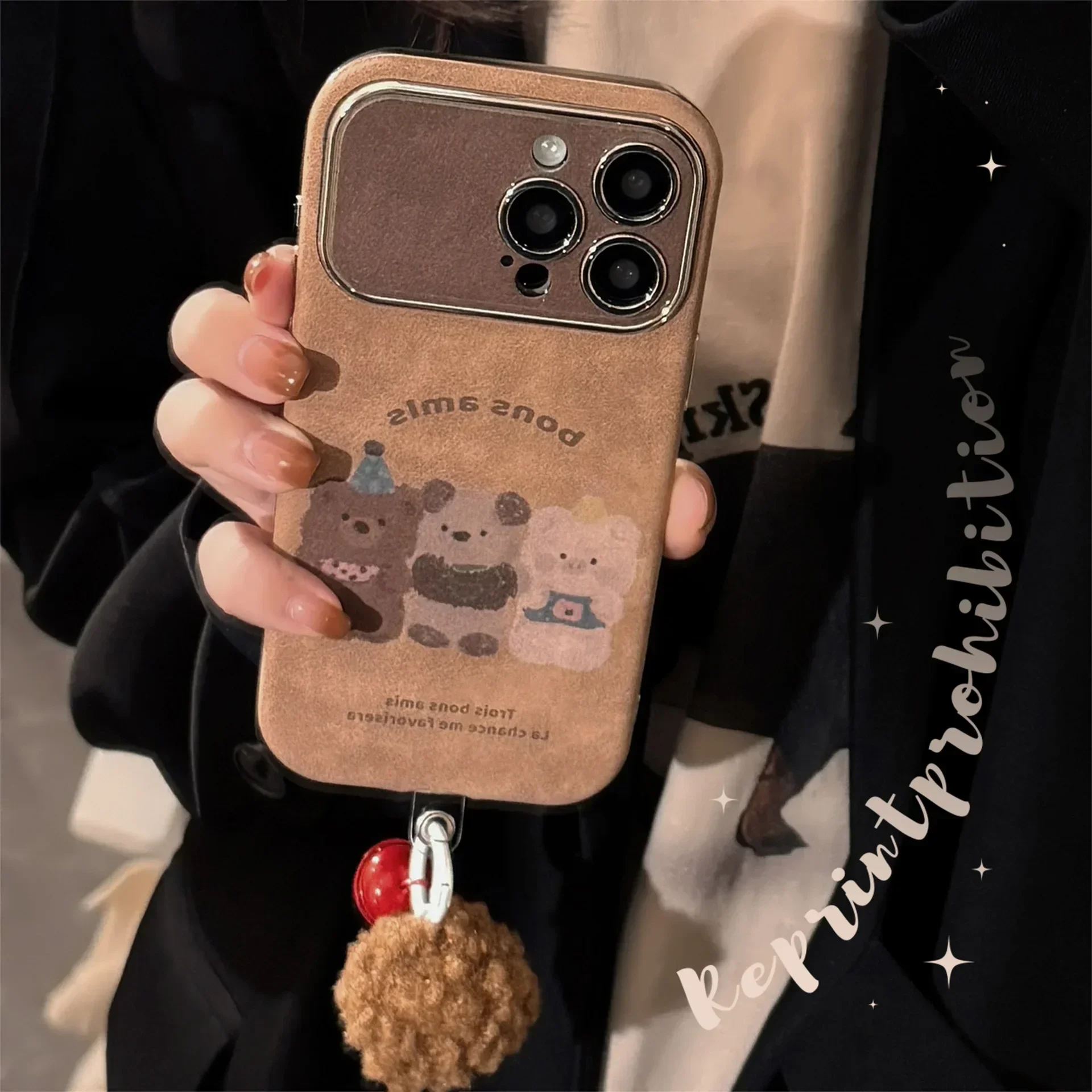 Retro animals party winter Suede Plush ball Pendant Phone Case For iPhone 16 15 14 13 12 Pro Max Case Cute Cartoon leather Cover