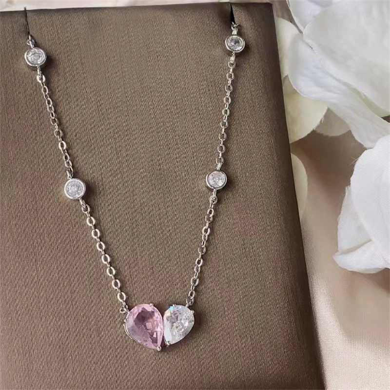 UILZ Women Pink Heart Zircon Charm Necklace Girls Elegant Crystal Pendant Necklace Neck Accessory Gifts