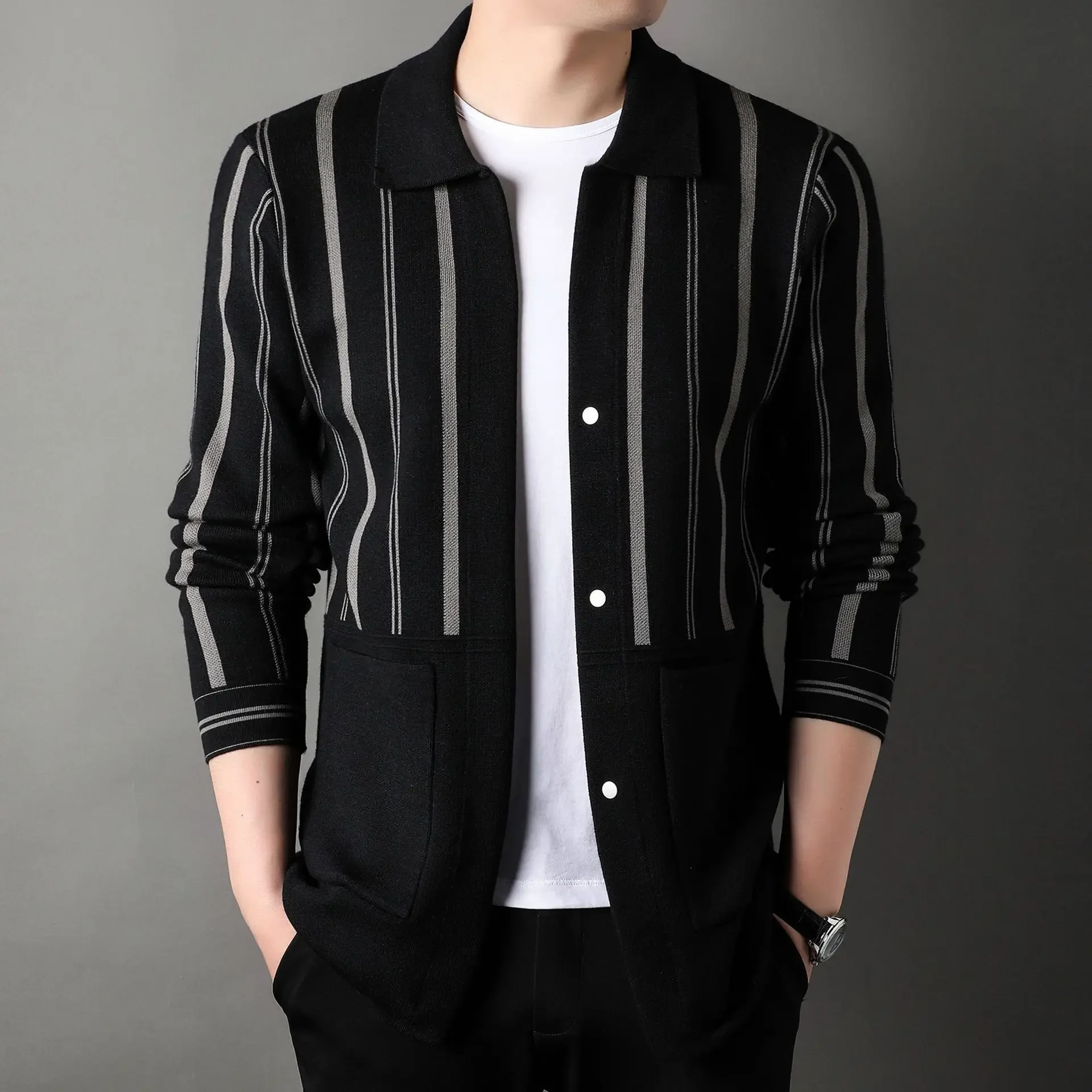 2024 Men's, Shawl Slim Fit, Lapel, Striped Color Matching Cardigan Sweater