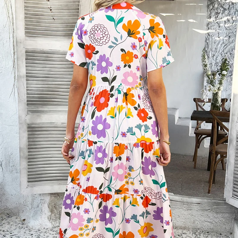 Boho Women's Summer Long Dress Elegant Vacation Printed Contrasting Color Bohemian Short Sleeved Maxi Dresses Ladies Vestidos