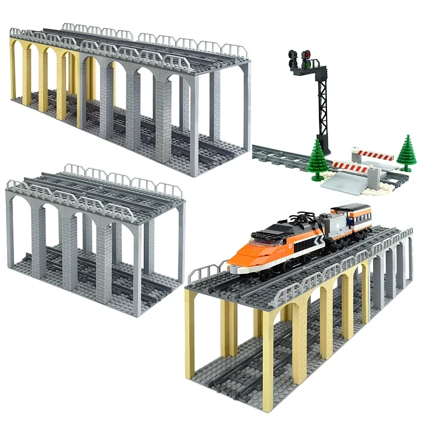 DIY Bricks MOC Building Blocks City Trains Bridge with Tracks Railway Traffic Light Sign Block Lever Station Educational Parts