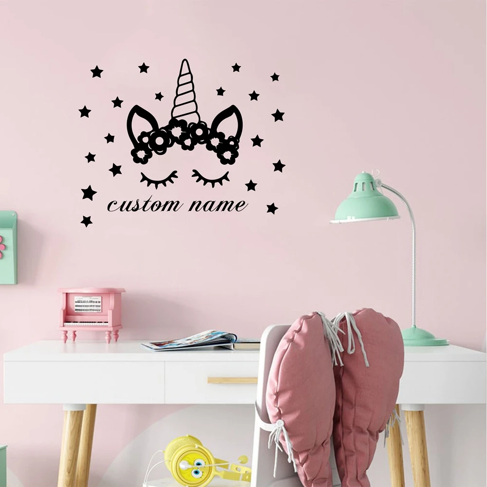 1PC Colorful Unicorn Customized Name Vinyl Self Adhesive Wallpaper For party decoration Wall Stickers Waterproof Wallpaper