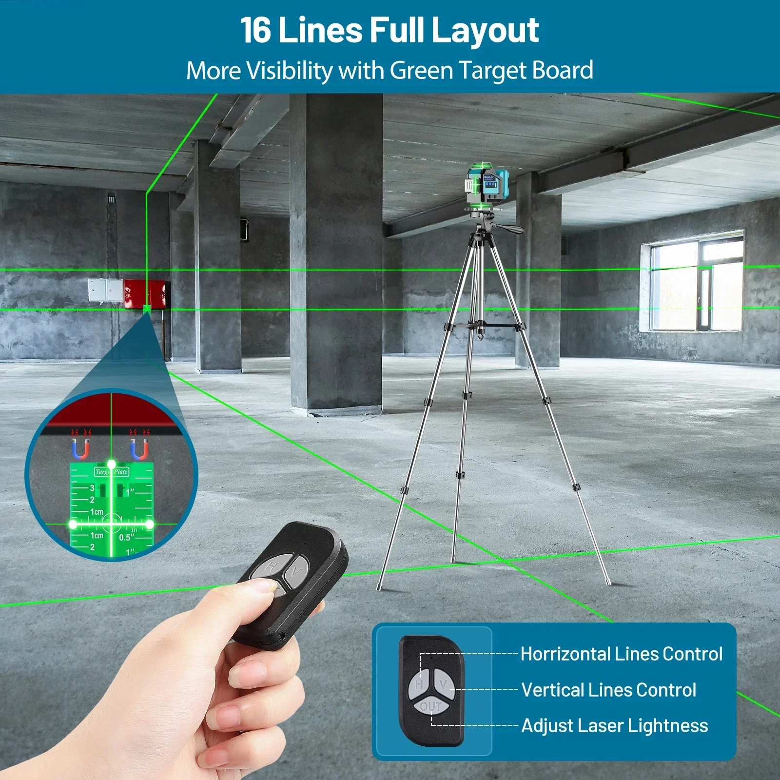 4D 16 Lines Green Laser Level 360 Green Beam Horizontal Vertical Four-Plane Leveling Remote Control 5600mAh Battery Laser Level